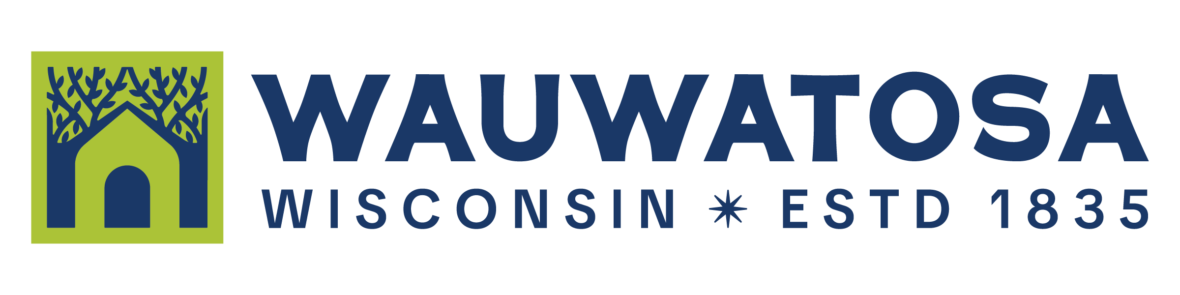 Logo for Wauwatosa, Wisconsin, featuring a green house-like shape with blue trees and text "WAUWATOSA WISCONSIN ESTD 1835".