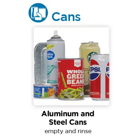 Various aluminum and steel cans, including a foil container, spray can, green beans can, and beverage cans.