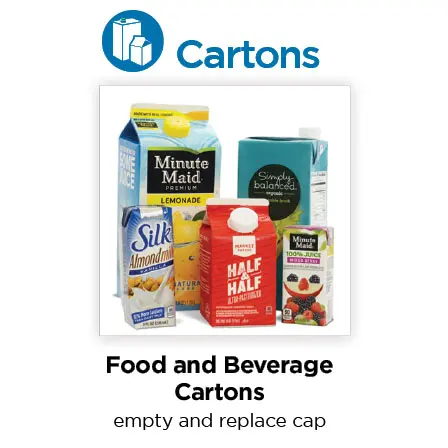 Assortment of food and beverage cartons including Minute Maid Lemonade, Silk Almondmilk, and Half & Half.