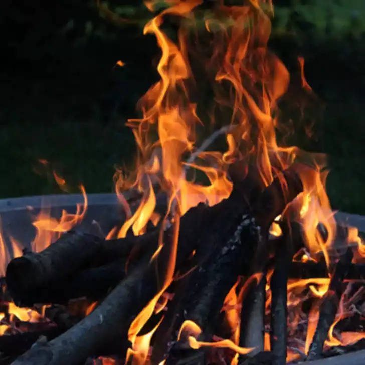 Flames dance around burning logs in an outdoor fire pit.