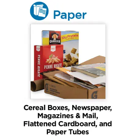 Collection of paper recycling items including cereal boxes, penne rigate pasta box, Quaker cereal box, flattened cardboard,