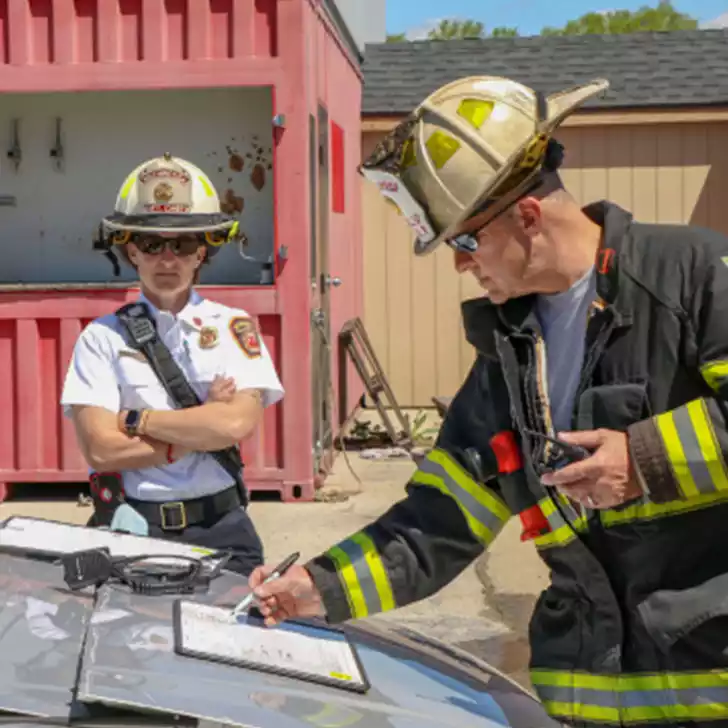 Two firefighters in helmets and gear are reviewing documents. One is writing on a clipboard.