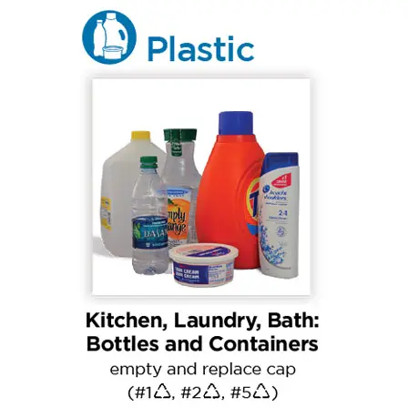 Plastic bottles and containers for kitchen, laundry, and bath recycling.