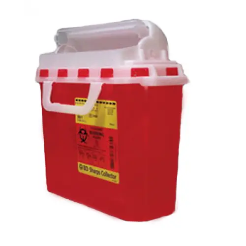 Red sharps container with biohazard symbol and "BD Sharps Collector" label. Features a clear lid and handle.
