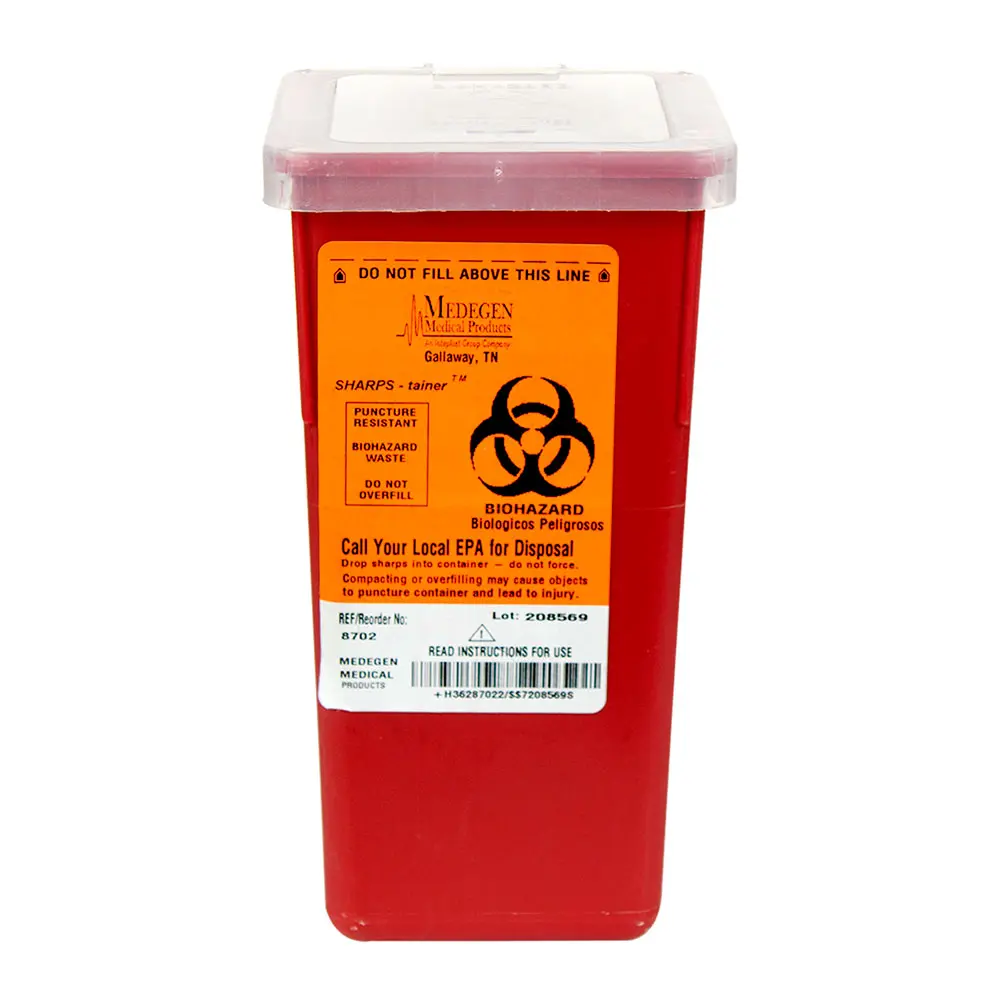 Red Medegen SHARPS-tainer biohazard waste container with puncture-resistant lid. Includes disposal instructions.