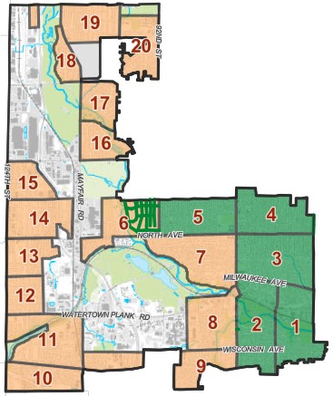 Map of leaf collection zones numbered 1 through 20, with streets like Mayfair Rd and North Ave